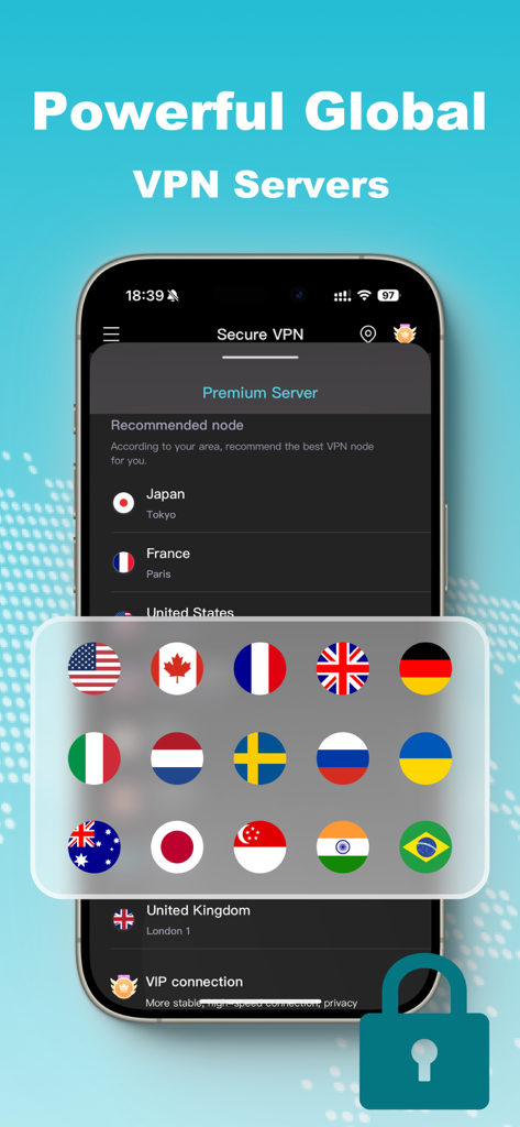iPhone showing Secure VPN app with a list of international server locations and global flag icons.