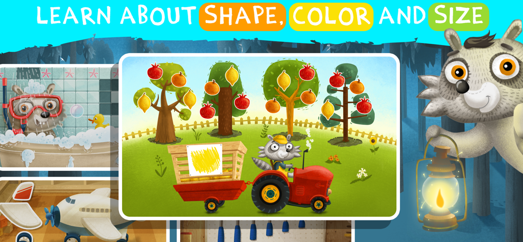 Learning Games for Toddlers AZ - Educational toddler game interface featuring a raccoon driving a tractor and teaching shapes colors and sizes