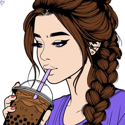 realistic girl drinking boba tea with braided hair