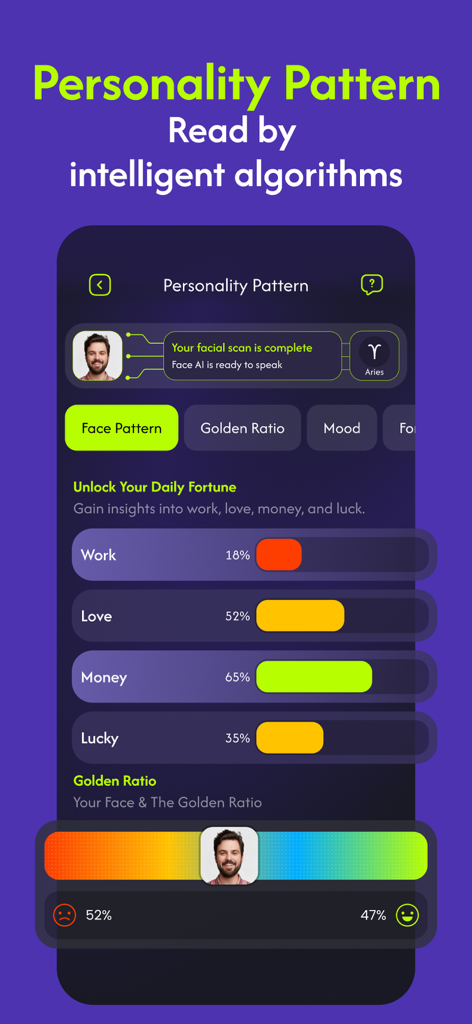 FaceYourself: AI Face Analysis - 顔スキャンに基づいた性格パターン分析と毎日の運勢の洞察を示すFaceYourselfアプリのインターフェース