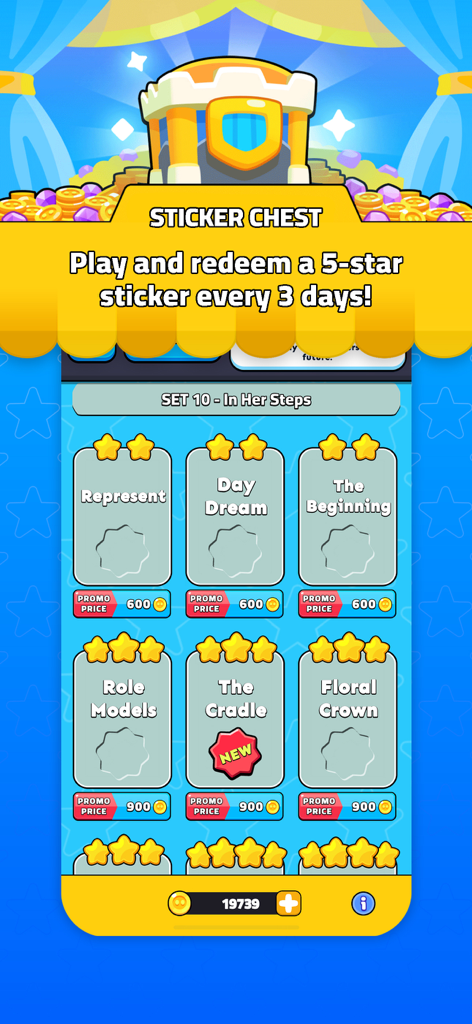 Sticker Trade - Sticker Chest screen in the Sticker Trade app showing 5-star sticker rewards and promo prices for Monopoly GO sets.
