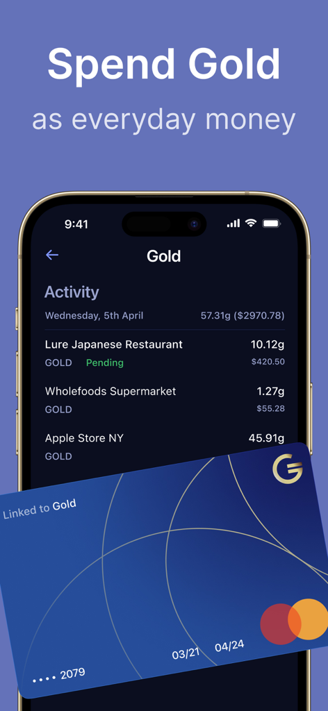 Glint app interface showing gold spending history and a linked Mastercard debit card