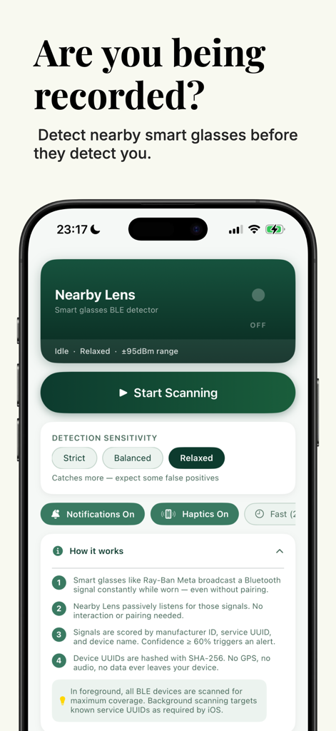 Nearby Lens app home screen interface showing a large Start Scanning button and privacy-focused features for detecting smart glasses.