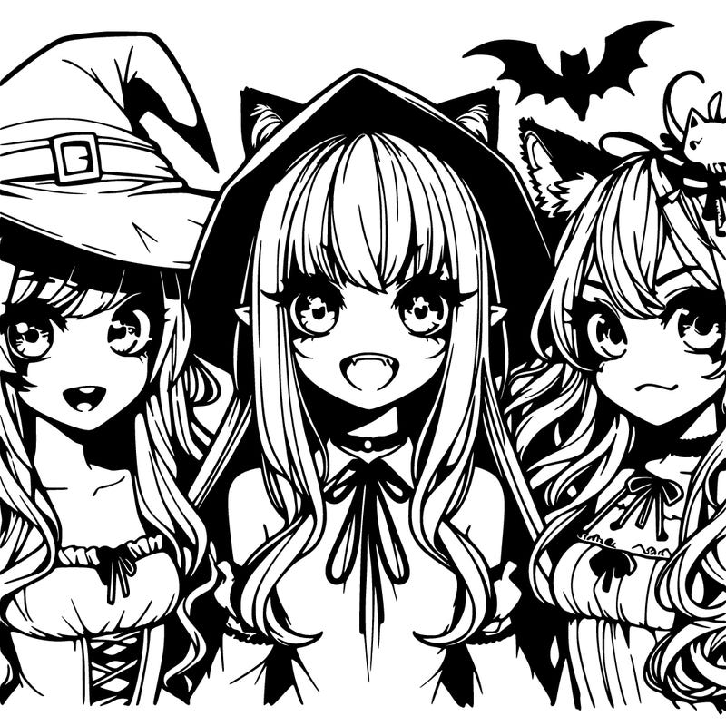 scary  anime girls one with witch hat and straight hair one with cat ears and curly hair one with bird wings and flowy hair