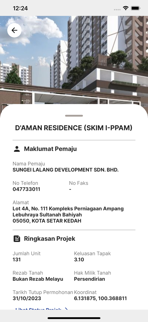 PPAM - Project details screen for DAman Residence showing developer information and project summary in the PPAM app