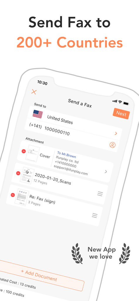 Doc Fax - Mobile Fax App - Interfaz de la aplicación móvil Doc Fax mostrando la pantalla de envío de fax con archivos adjuntos y opciones de envío de fax internacional.