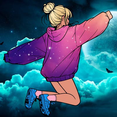 realistic girl jumping with a bun and oversized sweatshirt