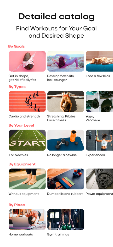 GymTeam - home workouts - Pantalla de la app GymTeam que muestra un catálogo detallado de ejercicios en casa, categorizados por objetivos y niveles de fitness.