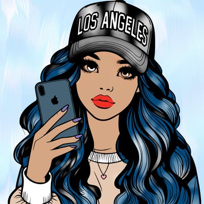 realistic beautiful girl wearing los ángeles cap holding an iphone