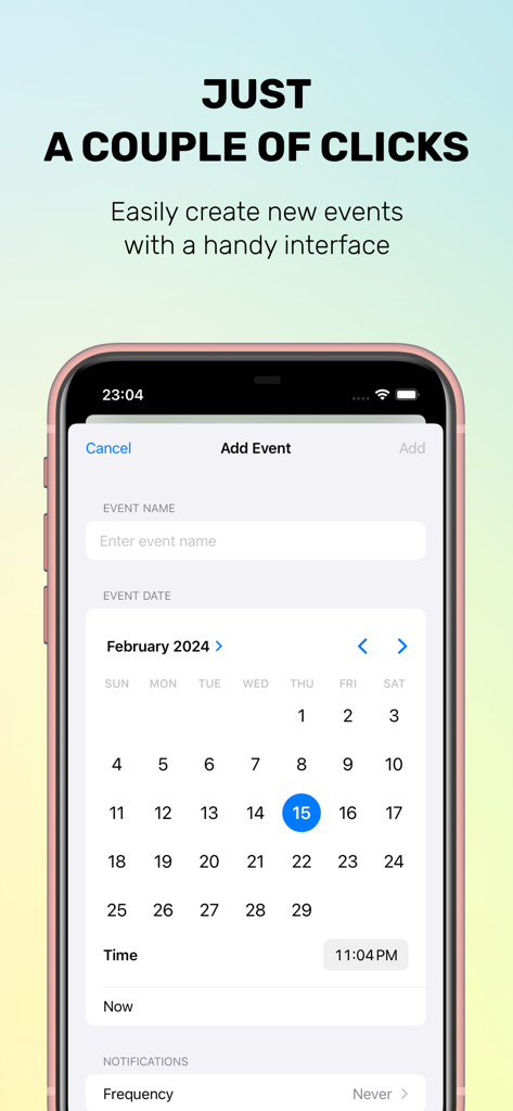 Countdown. Time to event. - A mobile interface for the Countdown app showing the screen to add a new event with a calendar date picker