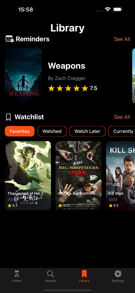 The library screen of the My Magis app displaying movie reminders and a personalized watchlist with categories like favorites and watched movies