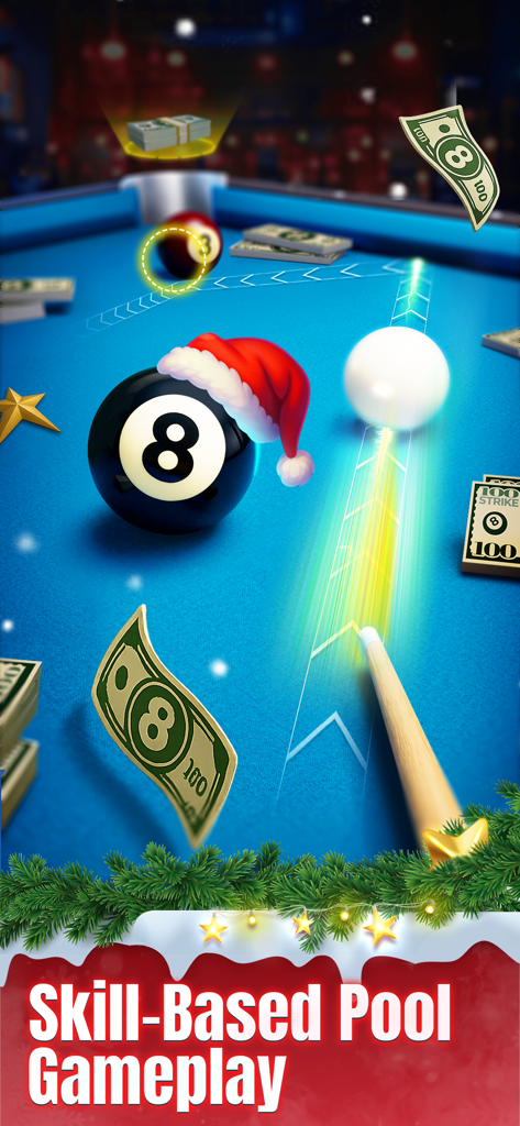 A mobile game screenshot of 8 Ball Strike showing skill based pool gameplay with cash prizes and a holiday theme