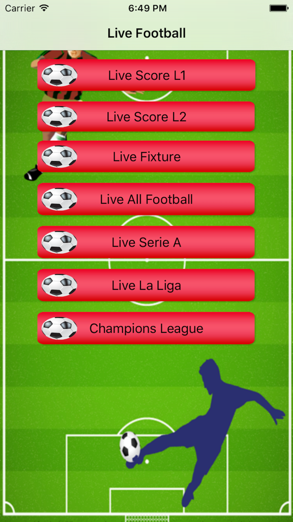 Live Football Update - Main menu screen of the Live Football Update app showing categories for live scores and fixtures