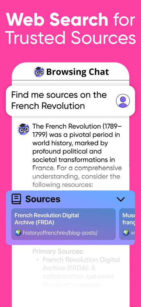 Nerd AI - Math Problem Solver - Interfaz de la aplicación Nerd AI mostrando un chat de navegación donde un usuario pregunta por fuentes sobre la Revolución Francesa y recibe enlaces web verificados