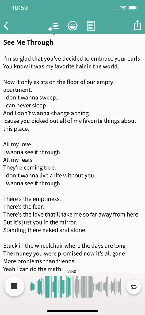 Hum 앱의 스크린샷으로 노래 제목, 가사, 녹음 및 재생을 위한 오디오 파형이 표시됩니다.