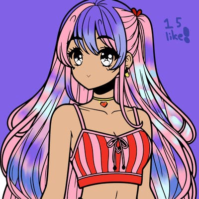 pretty anime girl in a crop top with long hair