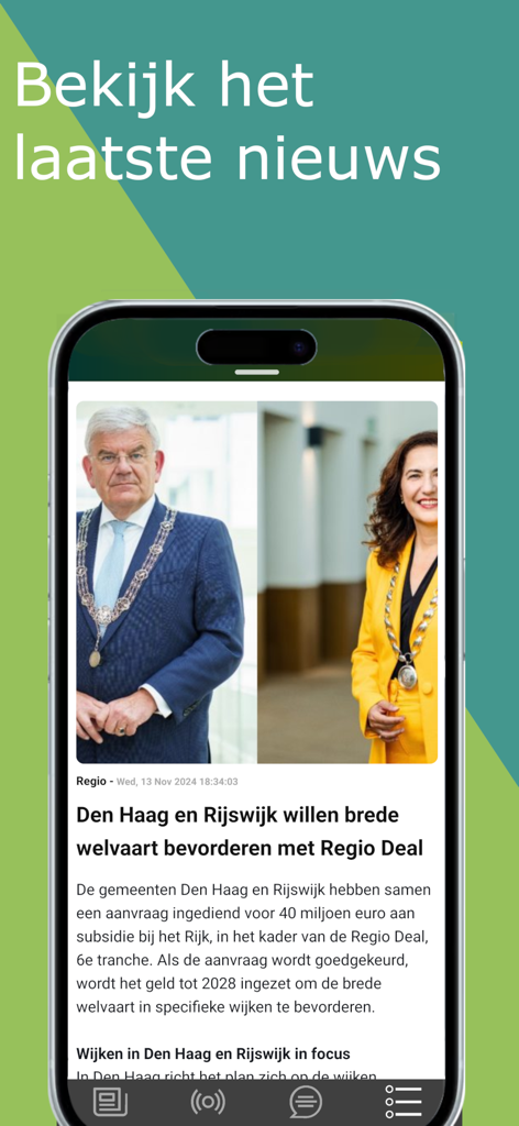 Feel Good Radio - Nieuws&Radio - Pantalla de smartphone que muestra la sección de noticias locales más reciente de la aplicación Feel Good Radio con un artículo sobre Den Haag y Rijswijk.