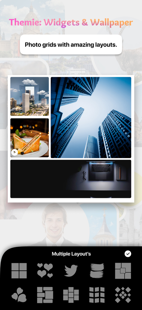 Themie: Widgets & Wallpaper - Themieアプリのインターフェース。様々なレイアウトテンプレートと美しい写真の例で、写真グリッドコラージュ作成機能を特集しています。