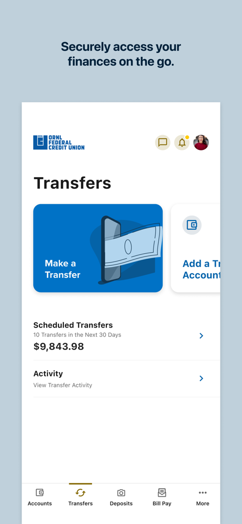 ORNL Federal Credit Union mobile app transfers screen displaying scheduled transfers and activity.
