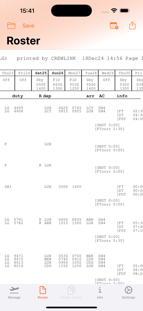 Elenco dettagliato dei turni dell'equipaggio di volo che visualizza numeri di volo e orari nell'app RosterX