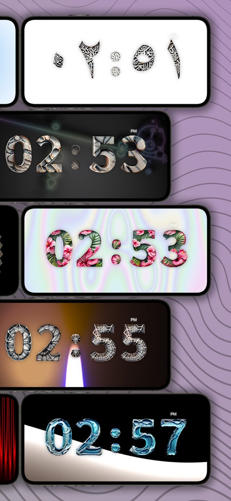 Vários designs de mostradores de relógio digital com diferentes temas e estilos artísticos