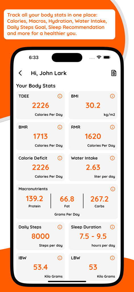 Painel do aplicativo Calculadora TDEE exibindo métricas corporais personalizadas, incluindo calorias, macronutrientes e estatísticas de saúde.