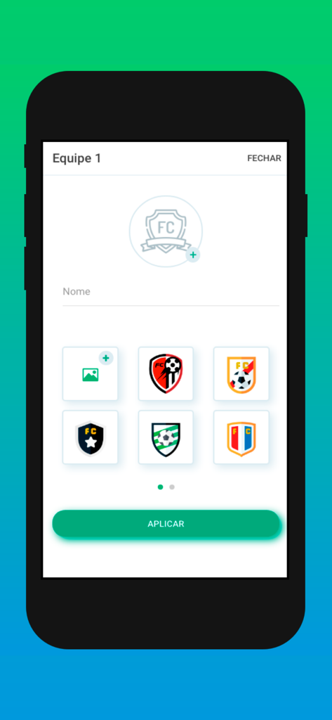 futshare - Interface of the Futshare app for choosing or uploading a soccer team logo