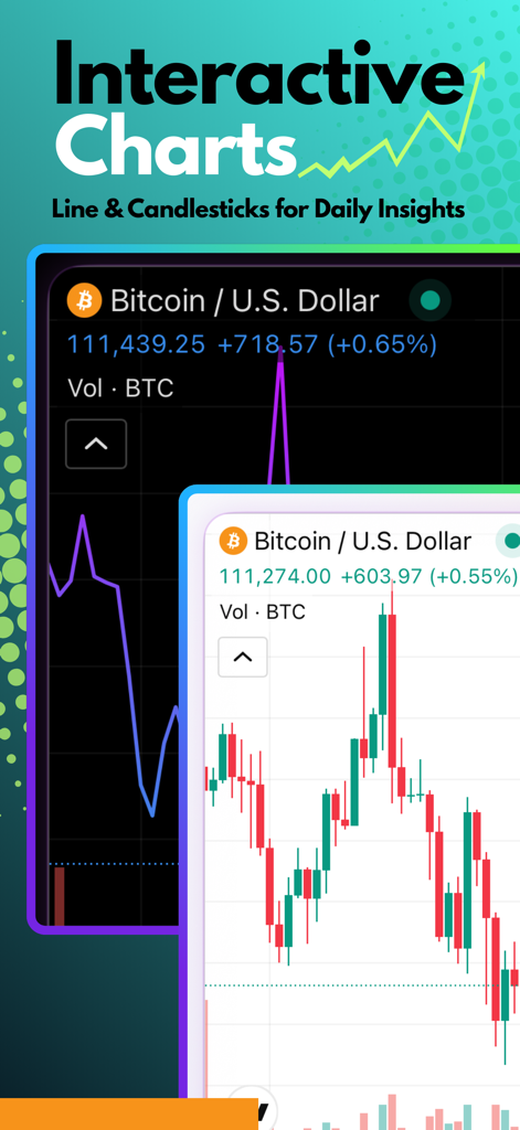 Bitcoin Live Price & Portfolio - ビットコイン価格の動きを追跡するためのインタラクティブなラインチャートとローソク足チャート。