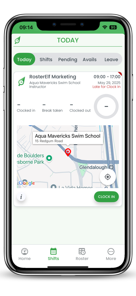 RosterElf mobile app interface showing current shift details and a GPS clock in feature with map