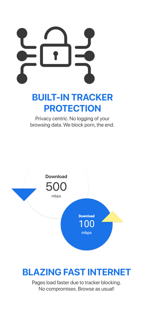 Purity 브라우저의 내장 추적기 보호 기능과 개인 정보 보호 브라우징을 위한 빠른 다운로드 속도를 보여주는 인포그래픽