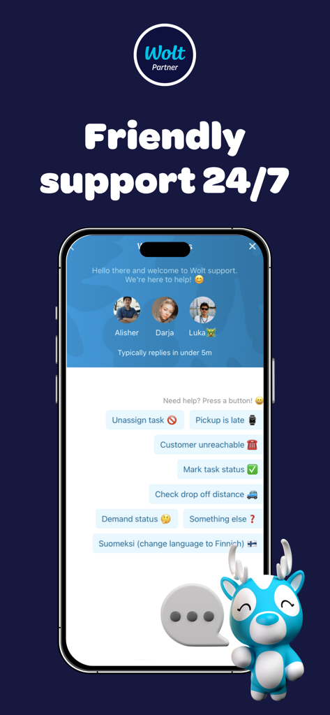 Wolt Courier Partner app interface showing 24 7 friendly support options and quick help buttons