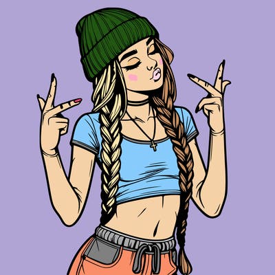 realistic teenage girl with braids and a beanie and crop top doing 🫶🏼