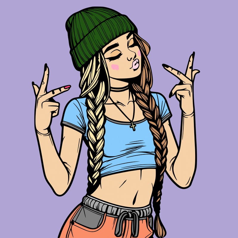 realistic teenage girl with braids and a beanie and crop top doing 🫶🏼