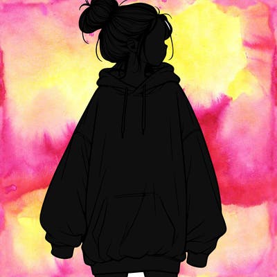 realistic girl with a oversized sweatshirt on and a bun