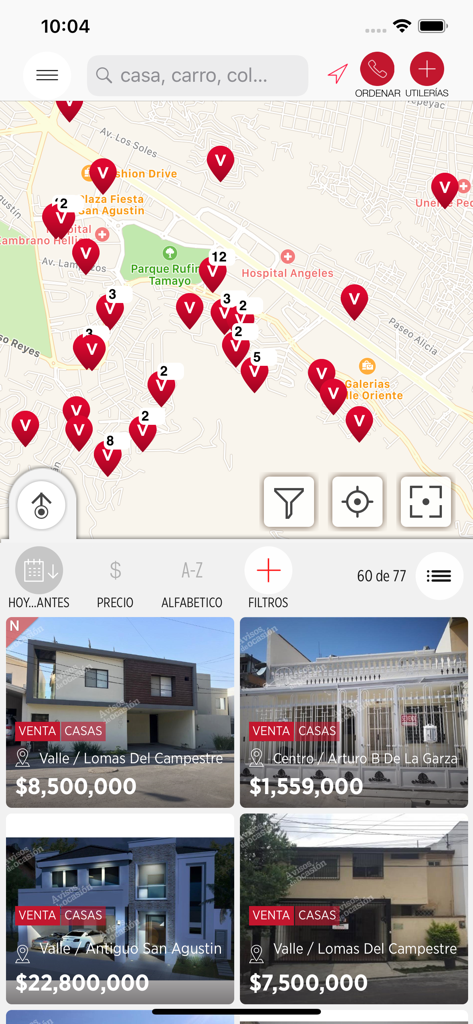 Map search interface of the Avisos de Ocasión app showing real estate listings in Mexico