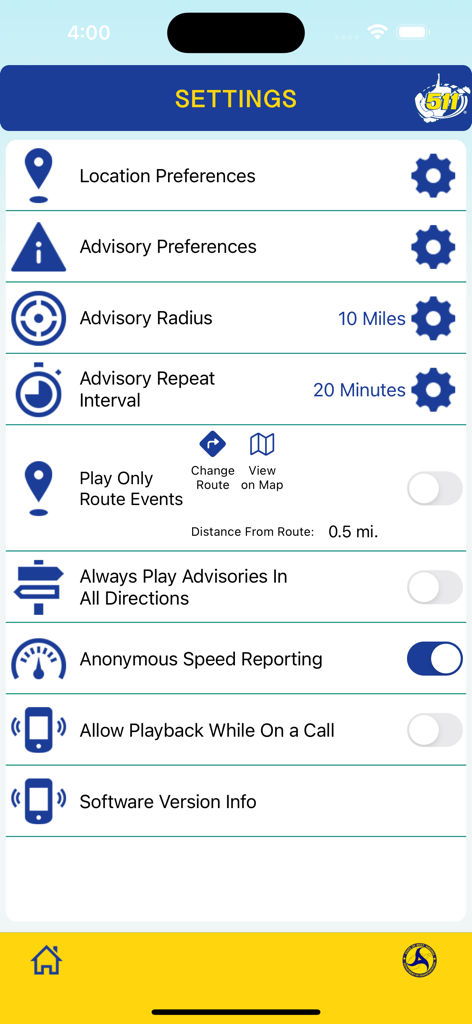 Settings screen of the WV 511 Drive Safe app showing advisory preferences and location settings.