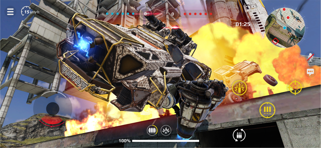 A custom armored vehicle mid air during an explosive battle in Crossout Mobile