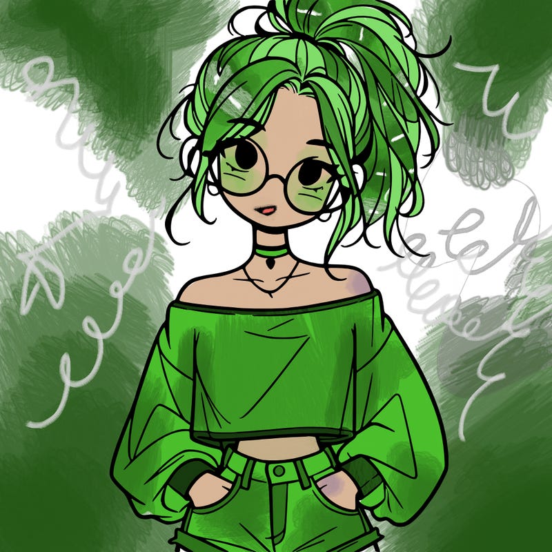 girl with a messy ponytail glasses a baggy crop top and jean shorts