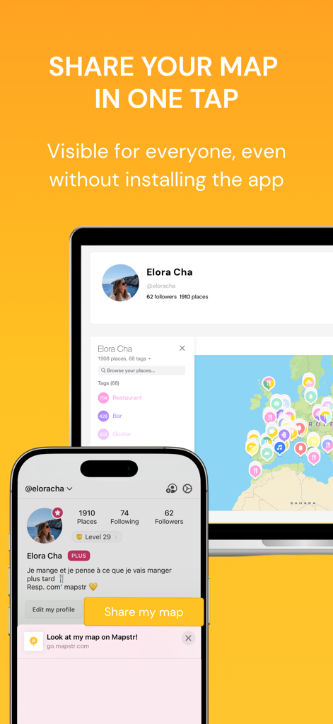 Mapstr – Save & Follow Places - Mapstr interface on mobile and desktop showing how to share a personal map via a web link