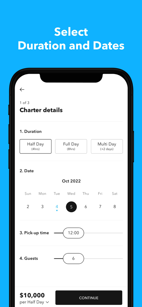YachtLife | Yacht Charter - YachtLife mobile app screen for selecting charter duration date and guests with transparent pricing