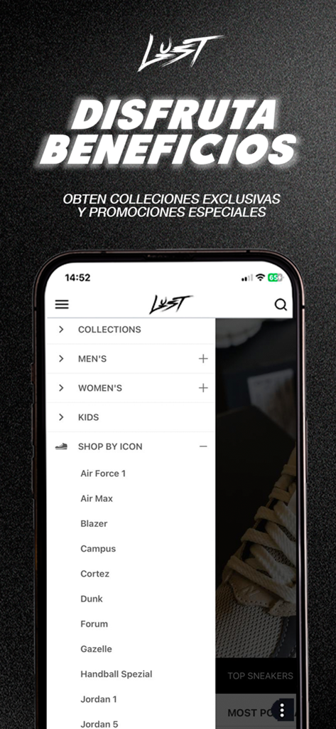 Lust Mexico - Lust Mexicoアプリのナビゲーションメニュー。スニーカーのカテゴリと人気のモデルが表示されています。