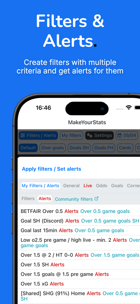 MakeYourStats mobile app screen showing custom football statistics filters and live betting alerts