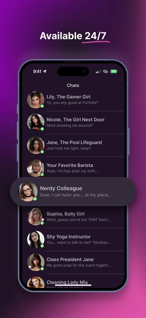 SpicyGF app interface showing a variety of AI girlfriend characters available to chat anytime