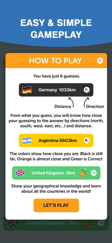 Maple: Worldle Country Guess - Tutorial screen for Maple Worldle explaining how to guess countries using distance and direction clues