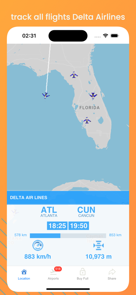 Mobile app screenshot showing a live flight tracking map over Florida and real-time flight details including altitude and speed