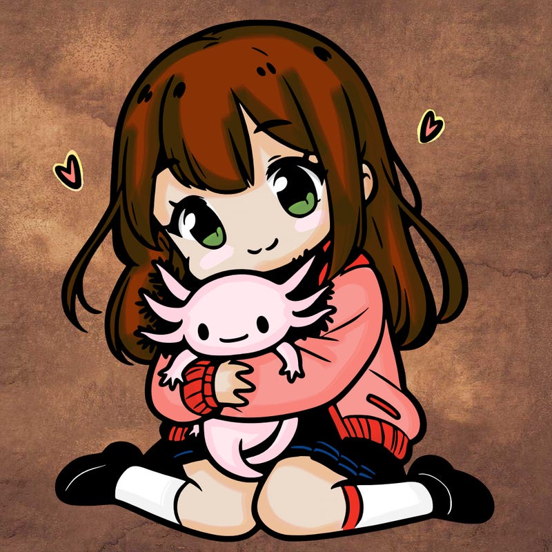 cute manga girl hugging a little axolotl