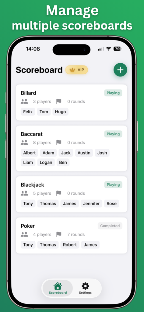 Score Keeper & Scoreboard - App interface for managing multiple game scoreboards with player names and game status
