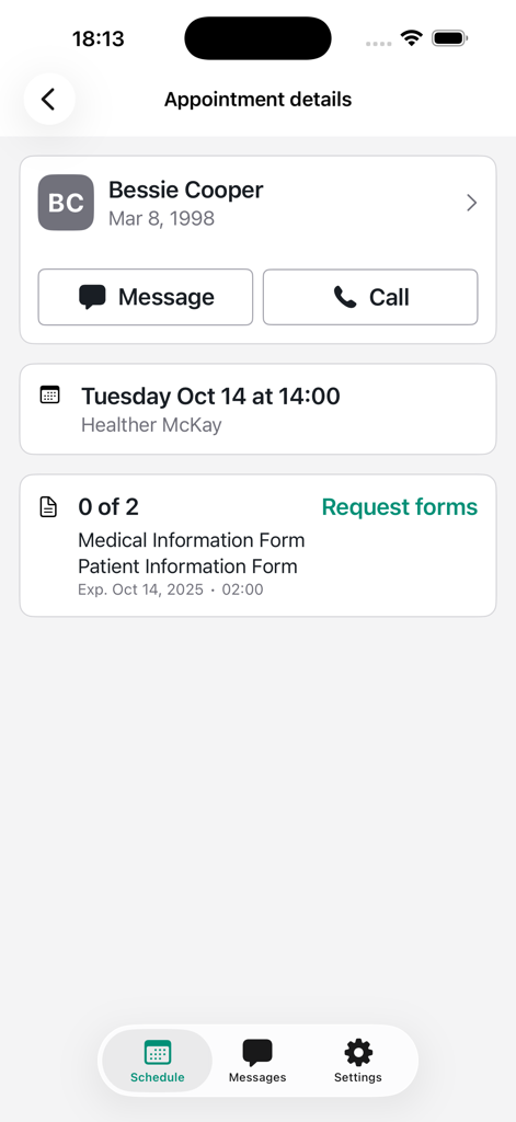 NexHealth app screen displaying patient appointment information with message and call options.