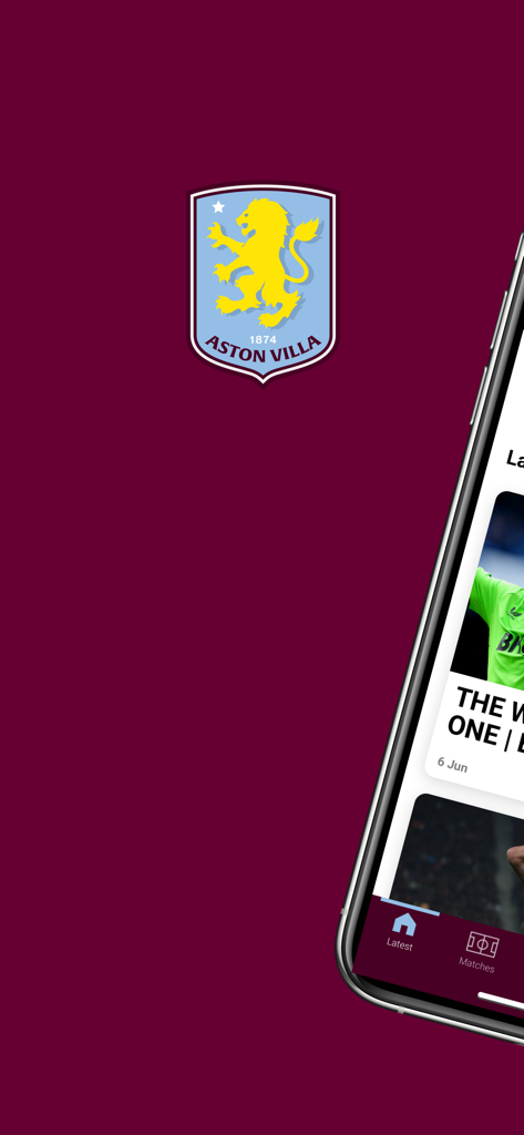 Aston Villa FC - 클럽 문장이 있는 스마트폰의 애스턴 빌라 FC 공식 모바일 앱 인터페이스