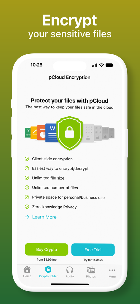pCloud App-Bildschirm, der militärische Verschlüsselung und Datenschutzfunktionen für sensible Dateien zeigt